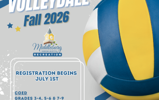 Volleyball Fall 2026 poster with a large volleyball on the right and registration details for COED grades 3–4, 5–6, and 7–9 at Middleburg Heights Recreation.