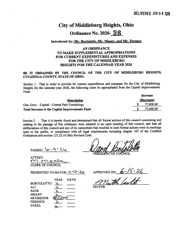 City of Middleburg Heights, Ohio, Ordinance No. 2026-36, approving supplemental appropriations for current expenditures and capital improvements for 2026, introduced by several officials, with signatures and dates nearby.