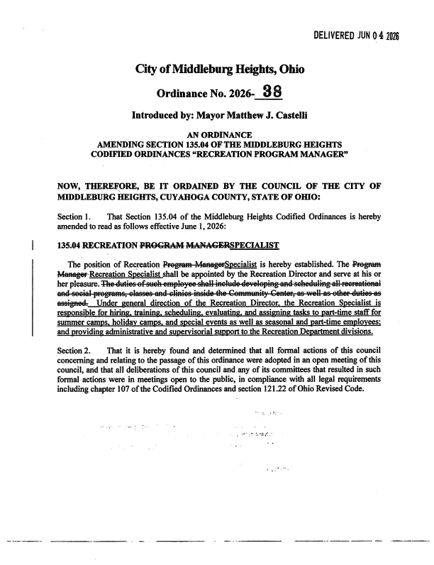 City of Middleburg Heights, Ohio ordinance page: Ordinance No. 2026-38 introduced by Mayor Matthew J. Castelli.