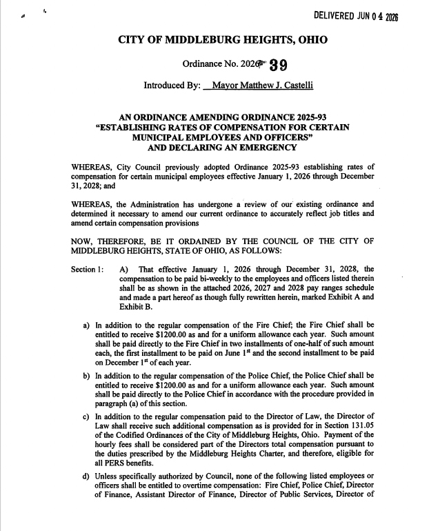 City of Middleburg Heights, Ohio ordinance No. 2026-39 amending compensation rates for municipal employees and officers; declares an emergency.