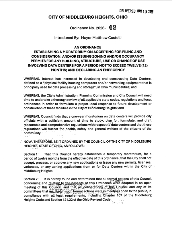 City of Middleburg Heights, Ohio ordinance 42 introducing a temporary moratorium on filing and issuing zoning and occupancy permits for data centers for 12 months, with an emergency declaration.