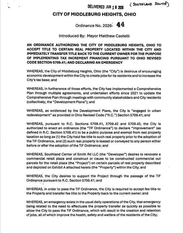 City of Middleburg Heights, Ohio ordinance document: Ordinance No. 2026-44, introduced by Mayor Matt Castelli, authorizing tax increment financing for redevelopment and related provisions.