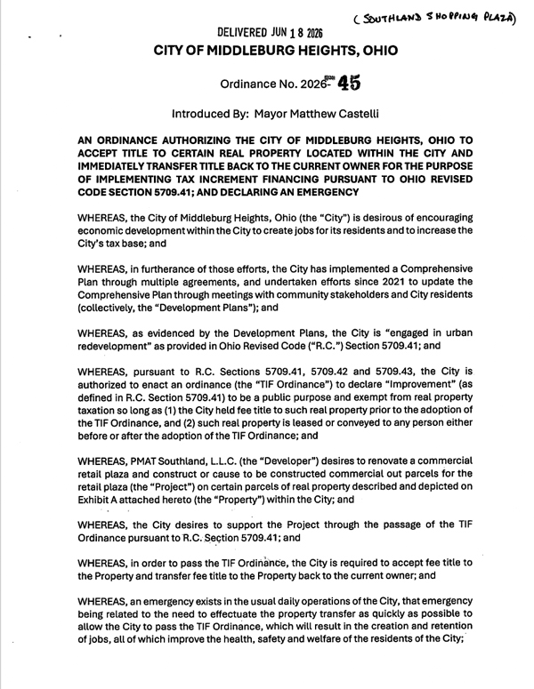 Page from City of Middleburg Heights, Ohio: Ordinance No. 2026-45 introducing and authorizing transfer of real property related to a redevelopment project and tax increment financing; contains multiple 'WHEREAS' clauses.