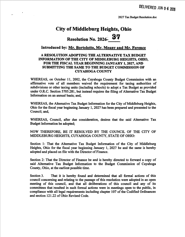 City of Middleburg Heights, Ohio budget resolution page titled Resolution No. 2026-37, introducing the resolution adopting the tax budget.