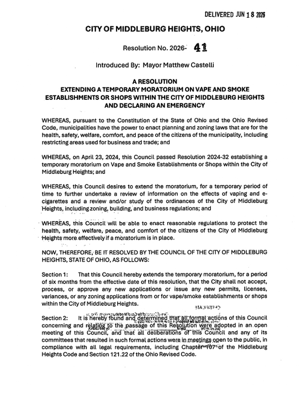 Page header of City of Middleburg Heights, Ohio resolution: 'Extending a temporary moratorium on vape and smoke establishments or shops' introduced by Mayor Matthew Castelli, dated June 18, 2025/2026.