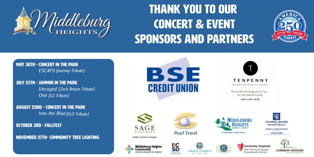 Blue header banner with 'Thank you to our concert & event sponsors and partners' and Middleburg Heights logo on the left plus a 250th anniversary emblem on the right, followed by sponsor logos.