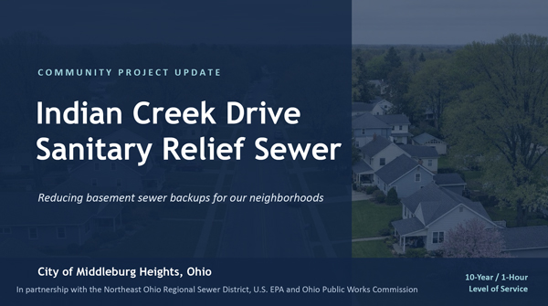 Banner for Indian Creek Drive Sanitary Relief Sewer project; includes 'Community Project Update' and 'Reducing basement sewer backups for our neighborhoods'.