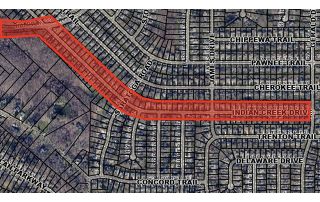 Highlighted driving route shown on a residential street map, tracing Indian Creek Dr and surrounding streets from left to right.