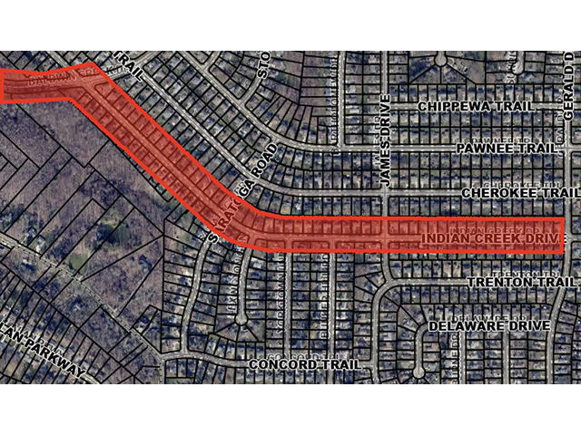 Highlighted driving route shown on a residential street map, tracing Indian Creek Dr and surrounding streets from left to right.