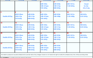July lap-lane availability calendar for Middleburg Heights Community Center Indoor Pool: daily open times shown (typical blocks 6:00–9:30a, 1:00–4:15p, 7:45–8:45p); 'Available All Day' notes on several Sundays; closed for the 4th of July; header includes center name and 'INDOOR POOL — LAP LANE AVAILABILITY'