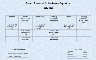 Middleburg Heights Community Center July 2026 group exercise schedule with Aqua Mofit, SilverSplash, Water Fitness classes and fees