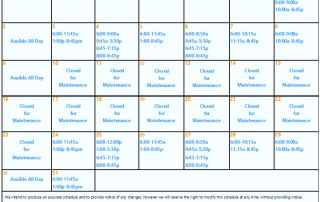 August lap-lane schedule for Middleburg Heights Indoor Pool—daily open hours and maintenance closures outlined in the calendar.