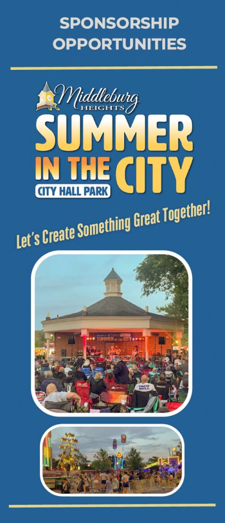 Poster advertising Sponsorship Opportunities for Middleburg Heights' Summer in the City at City Hall Park, with two event photos in rounded frames beneath the headline text.