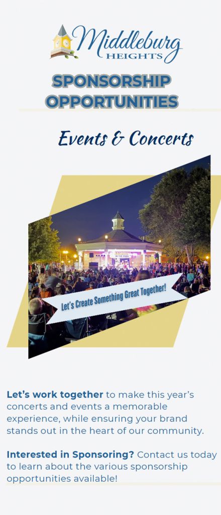 Flyer for Middlesburg Heights sponsorship opportunities featuring a concert crowd, stage, and the slogan Let’s Create Something Great Together.