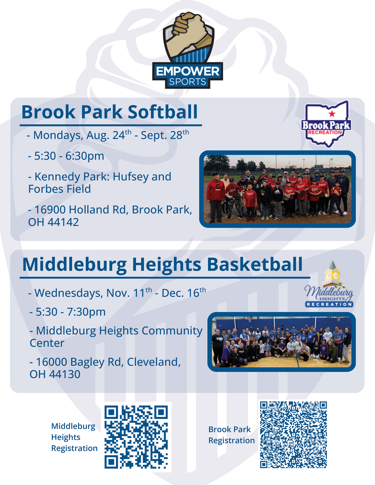 Poster for Brook Park Softball and Middleburg Heights Basketball listing dates, times, locations, and registration QR codes with team photos and logos.