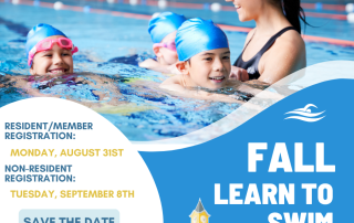 Children in swim caps in a pool with a smiling instructor, surrounded by a blue promotional flyer that says 'FALL LEARN TO SWIM' and lists registration dates, a 'SAVE THE DATE' button, and the Middleburg Heights Recreation logo.