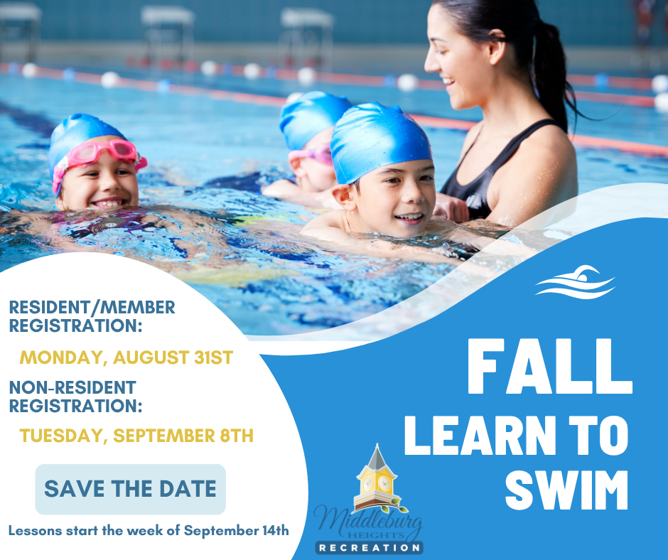 Children in swim caps in a pool with a smiling instructor, surrounded by a blue promotional flyer that says 'FALL LEARN TO SWIM' and lists registration dates, a 'SAVE THE DATE' button, and the Middleburg Heights Recreation logo.