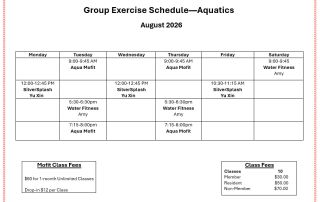 Poster for Middleburg Heights Community Center: Group Exercise Schedule—Aquatics, August 2026, with Aqua Mofit, SilverSplash, and Water Fitness classes across Mon–Sat and related class fees.